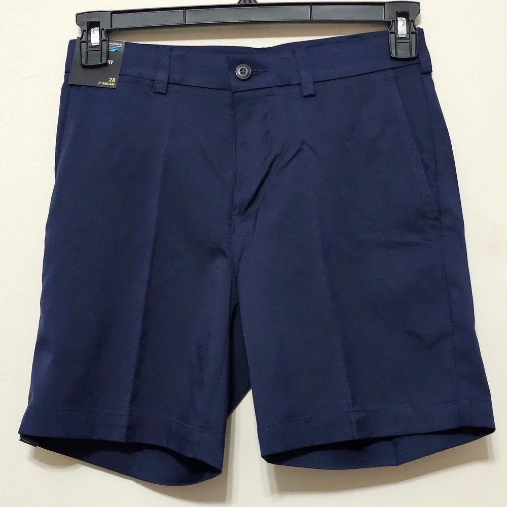 Men Shorts 28 X 7 Navy Straight Fit Flat Front Performance Elastic Waistband 988